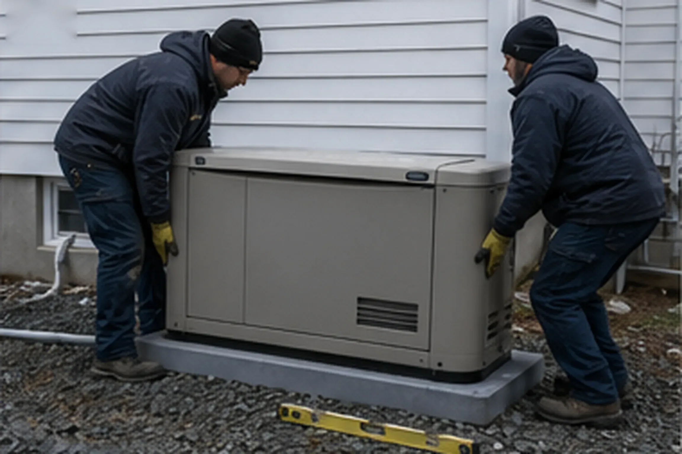 Technicians setting a standby generator cabinet onto its pad, the physical result of a proper load calculation
