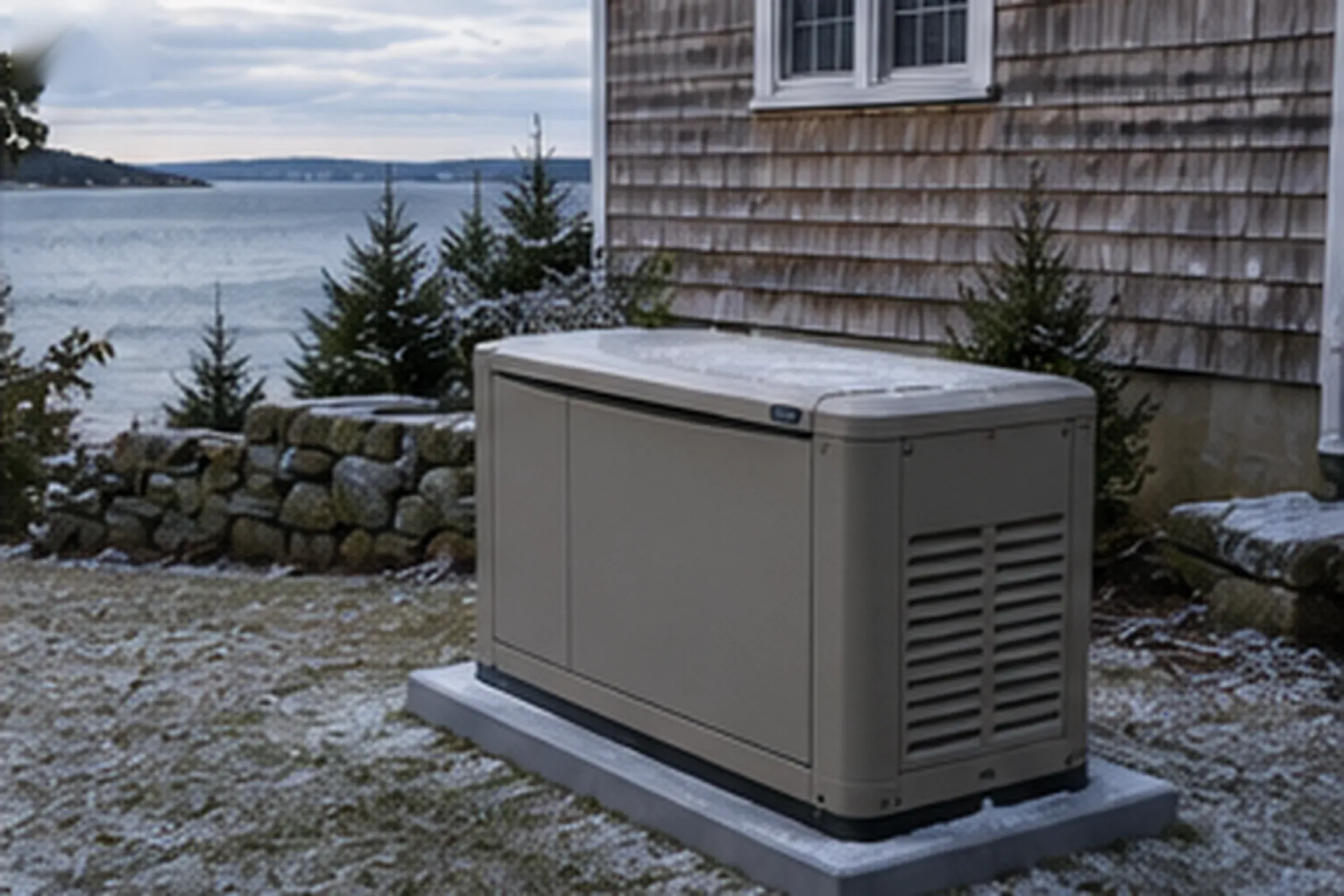 Clean standby generator installation beside a shingled coastal Maine home, the kind of mechanical listing agents lead with