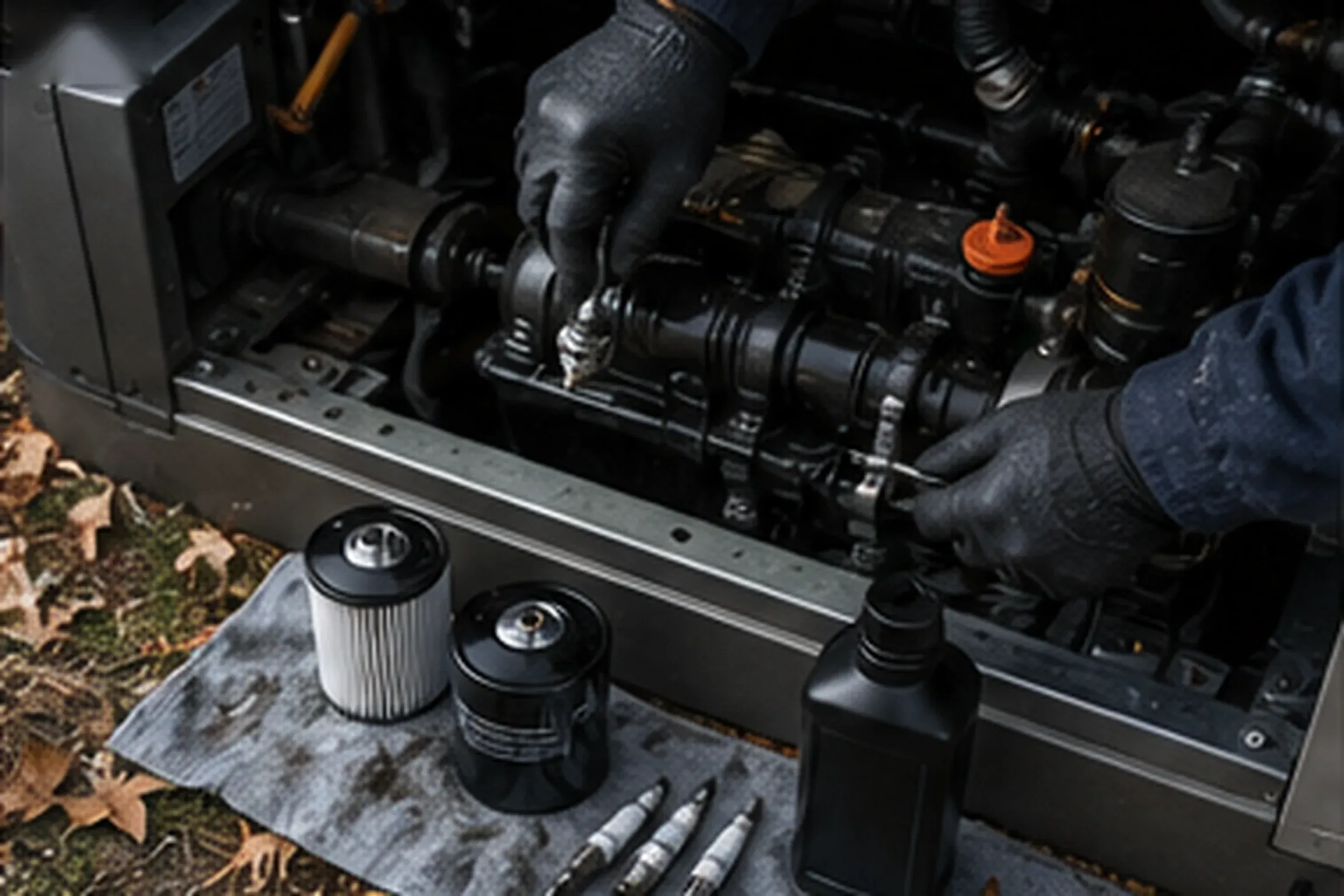 Gloved hands performing annual generator service with fresh oil, filters, and spark plugs laid out on a shop towel