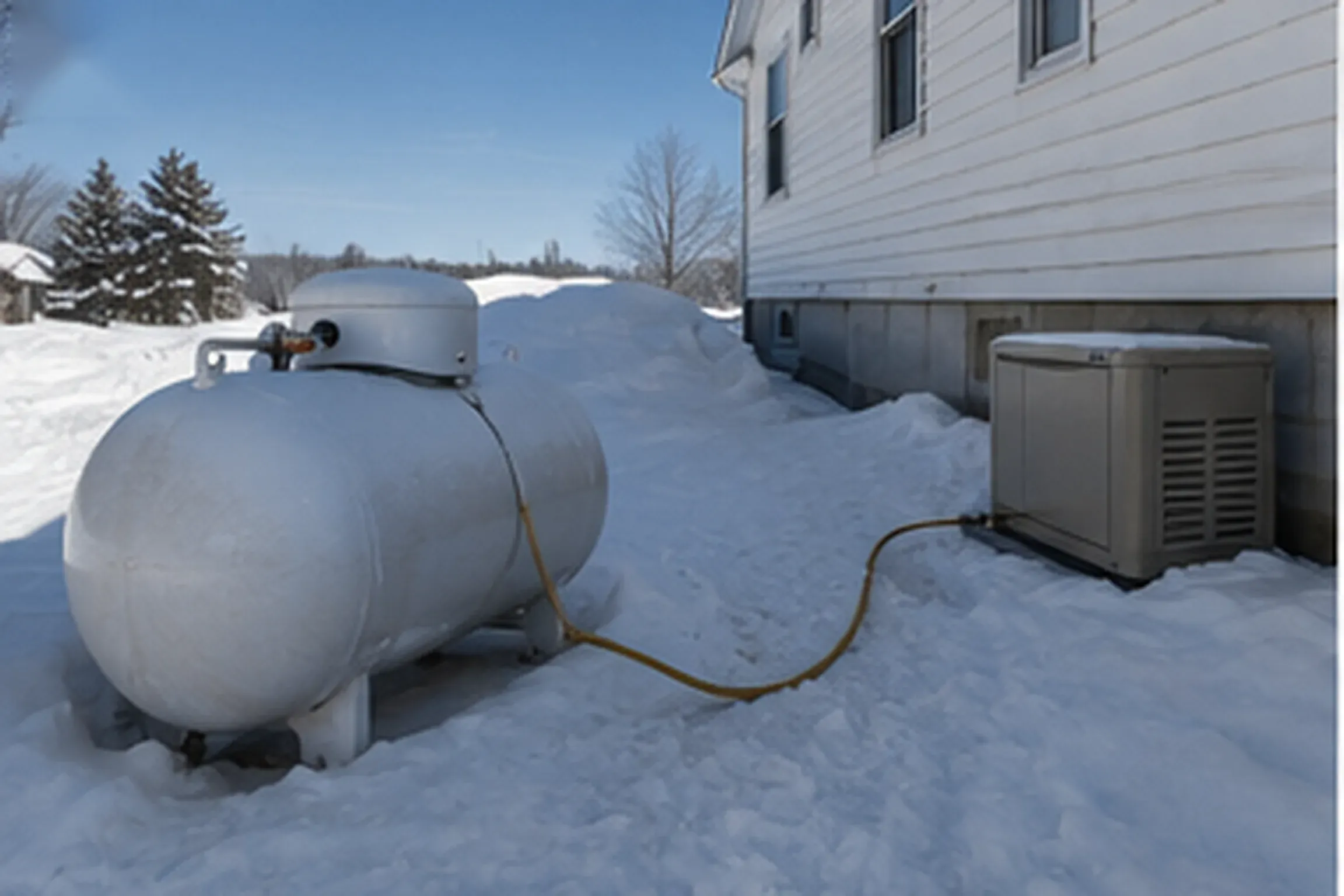 Residential propane tank in deep snow feeding a standby generator beside a New England home