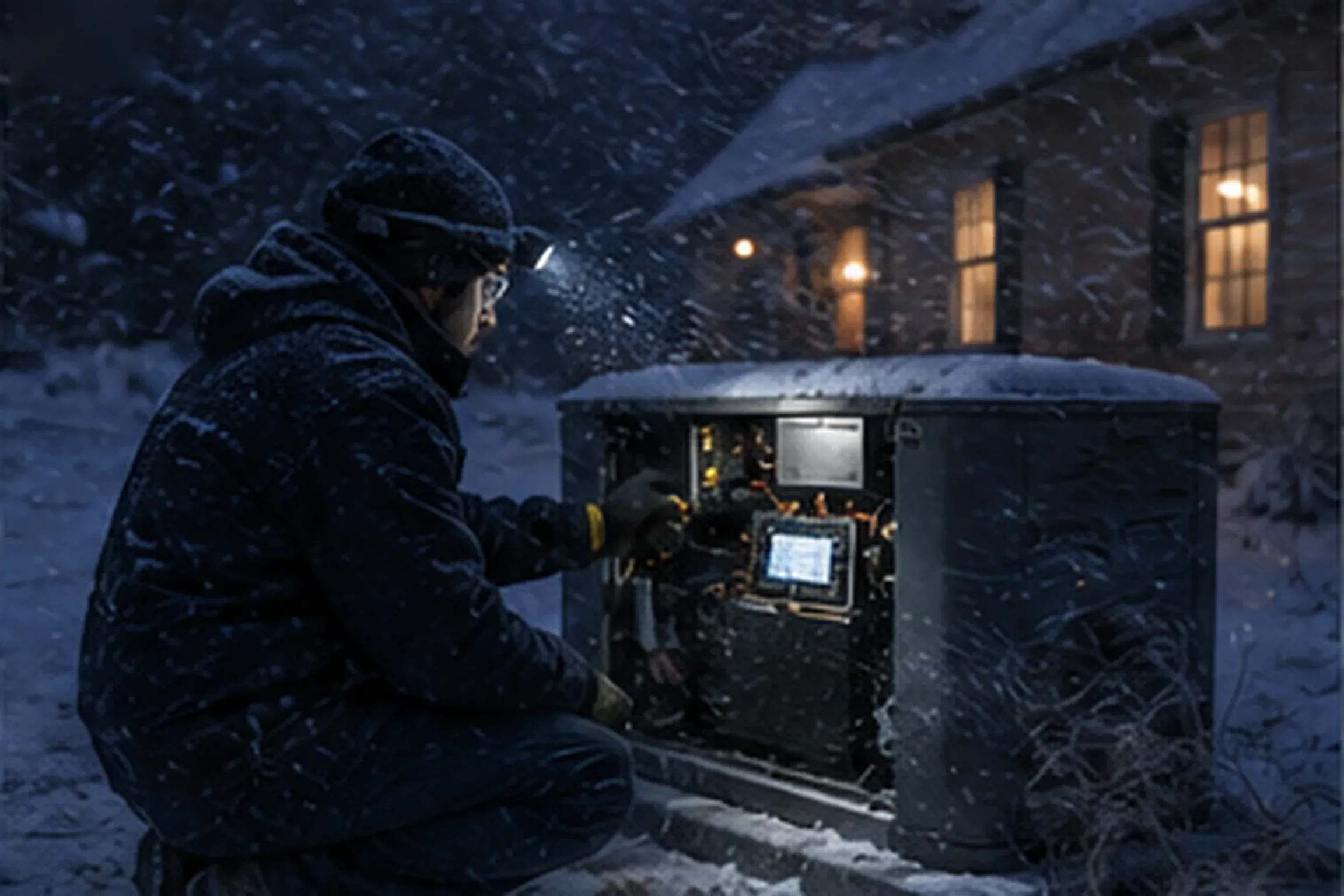 Technician reading a generator controller screen by headlamp during a nighttime snowstorm